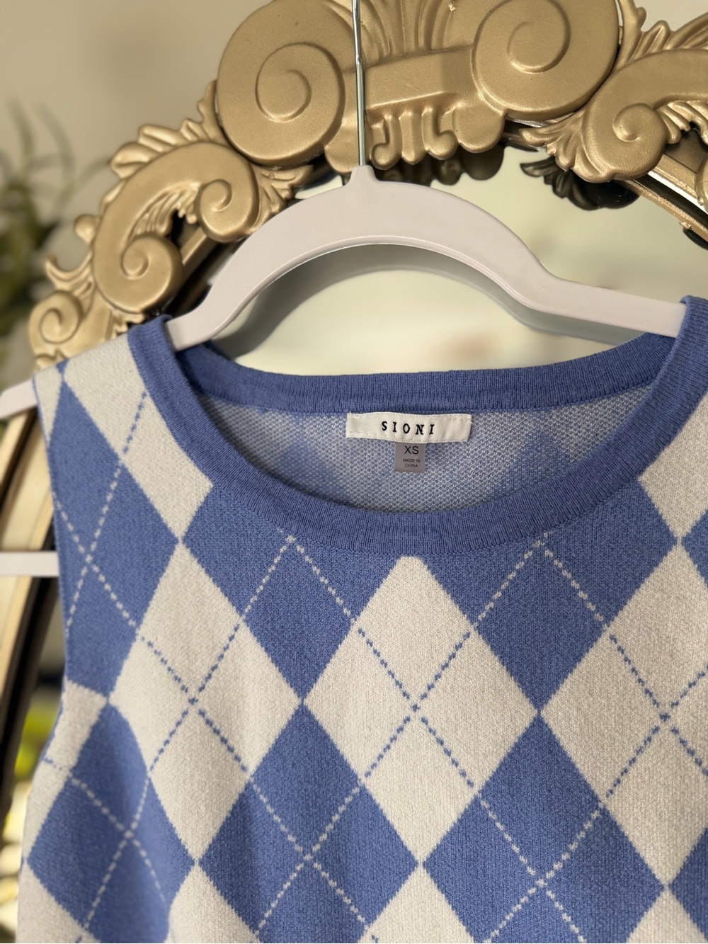 Sioni Blue and Cream Argyle Knit Sweater Vest
